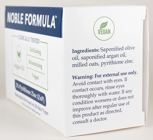 Noble Formula Zinc Bar Soap, 2% Pyrithione Zinc (ZnP), Olive Oil and Argan Oil, 3.25 oz, for All Skin Types