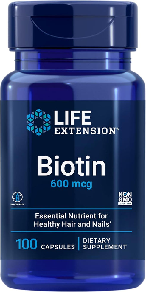 Life Extension Biotin 600 mcg Vitamin B7 Support Supplement for Beautiful Hair, Nails & Beyond – 100 Capsules