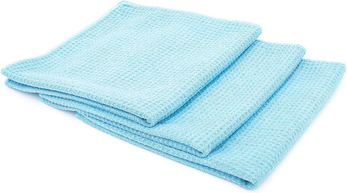 The Rag Company Standard Waffle Weave Towels, Microfiber Detailing, Lint-Free, Light Blue, 3-Pack