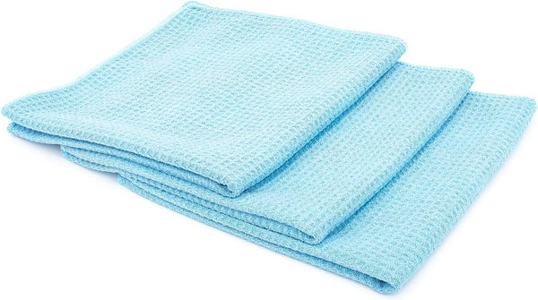 The Rag Company Standard Waffle Weave Towels, Microfiber Detailing, Lint-Free, Light Blue, 3-Pack