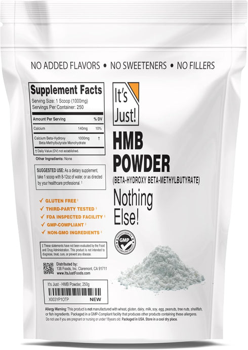 It's Just! - HMB Powder, 250g, Beta-Hydroxy Beta-Methylbutyrate, Free Acid, GMP Compliant, Third-Party Tested (Unflavored, 250g)