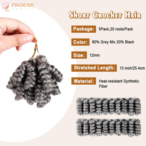 PHOCAS HairPhocas 5 Packs Synthetic Crochet Hair 10 inch 20roots/pack (Gray)
