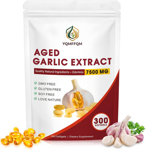 YQMFFQM Aged Garlic Extract 7500mg Odorless300 Softgels | 2-Year Matured Garlic Supplement |
