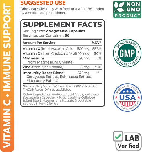 Immune Support Supplement with Elderberry, Vitamin C, Zinc, D, Magnesium, Echinacea, Cordyceps - 120 Vegetarian Capsules