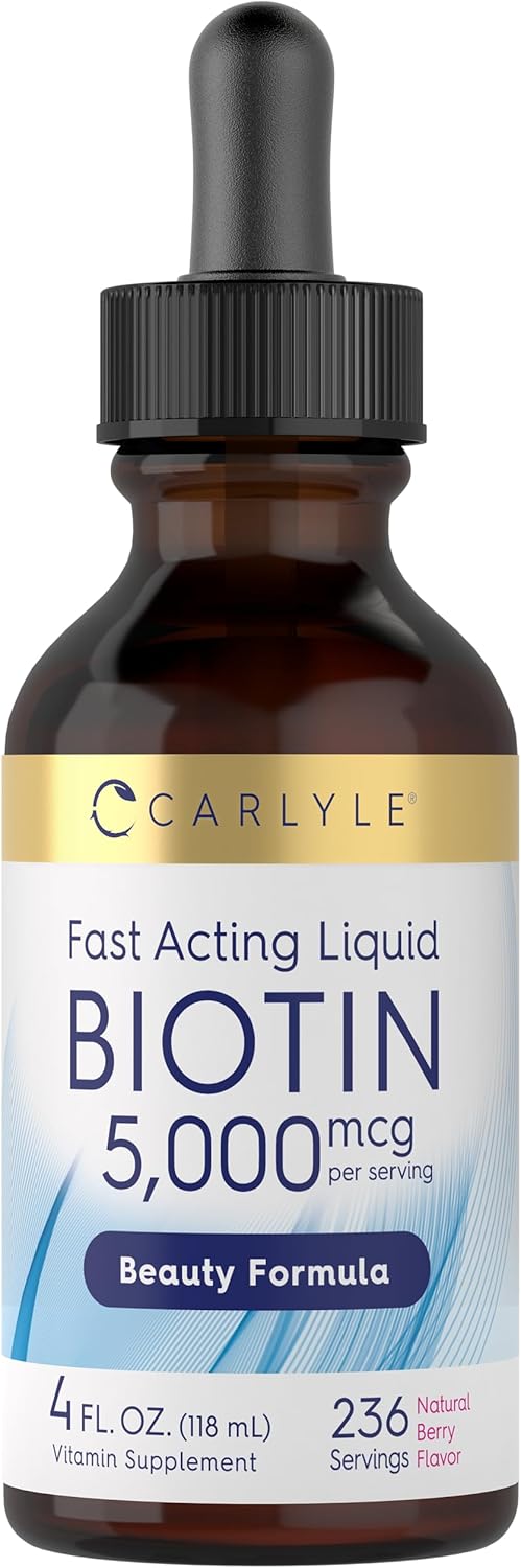 Carlyle Biotin Liquid Drops 5000mcg | 4 fl oz | Berry Flavor, Vegetarian, Non-GMO & Gluten Free