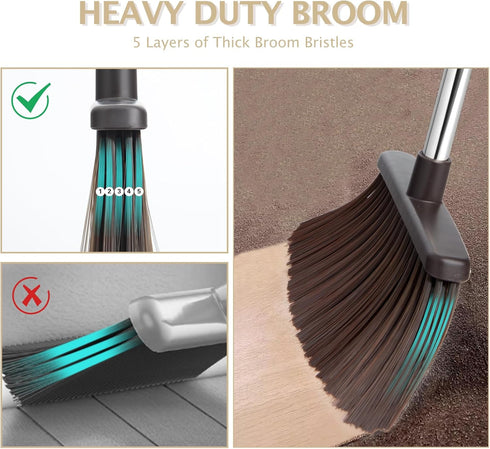 Broom and Dustpan Set, Heavy Dust Broom Combo for Home, Long Handle Dust Pan and Broom Set for Kitchen, Office, Beige