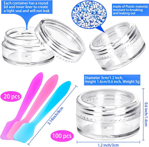 MotBach 100 Pcs 5g Empty Plastic Containers with Clear Lids,Mini Makeup Sample Containers, Small Sample Pot Jars Round Cosmetic Jars with Mini Spatulas for Liquid Sample Powder Creams Lotions by MotBach