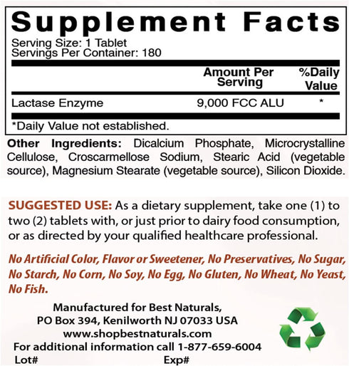 Best Naturals Lactose Intolerance Relief Tablets, Natural Lactase Enzyme, 9000 FCC ALU, 180 Count