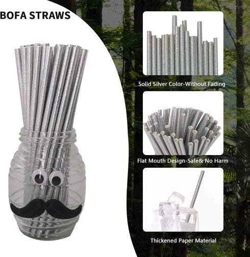 Shining Silver Paper Straws for Drinking, 100 Disposable Metal Silver Drinking Straws for Wedding Decoration