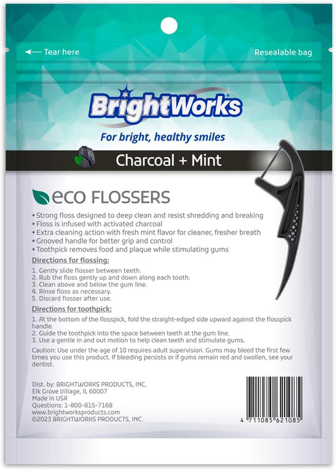 Brightworks ECO Sustainable Floss Picks, 225 Count, Charcoal + Mint Infused, 100% Post-Consumer Recycled Plastic