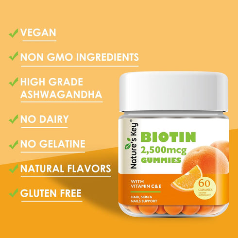 Nature's Key Biotin Gummies with Vitamin C and E, Support Hair, Nails, and Skin, Vegan, 60 Count
