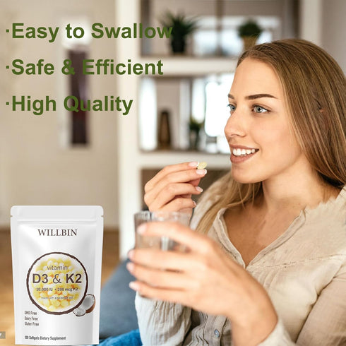 2-in-1 Vitamin D3 K2 Supplement Softgel, 10000 IU VIT D3 + 200 MCG Vitamin K2, Free of GMO, Gluten, Soy, Bone Health, Cardiovascular Health Support, Aiding in Calcium Absorption, 300 Pcs