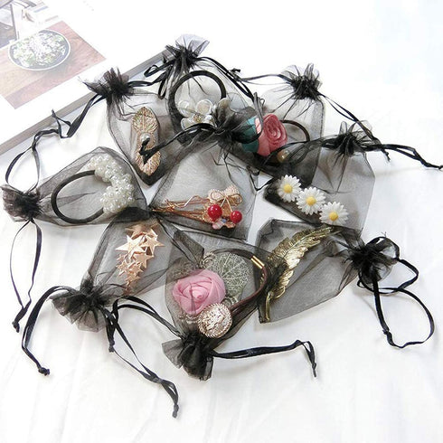 50Pcs Black Organza Bags 3x4 inch - Small Jewelry Drawstring Mesh Gift Bags for Wedding Party Favors