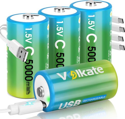 volkate C Batteries 4 Pack, USB Rechargeable Lithium C Cell Batteries with Charging
