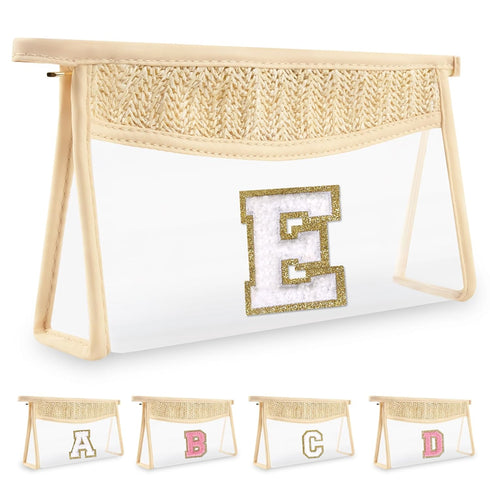 Personalized Boho Straw Clear Makeup Bag, Small Chenille Varsity Letter Bag with Zipper, Beach Travel Bag, E