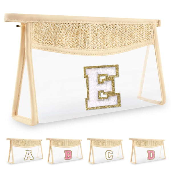 Personalized Boho Straw Clear Makeup Bag, Small Chenille Varsity Letter Bag with Zipper, Beach Travel Bag, E