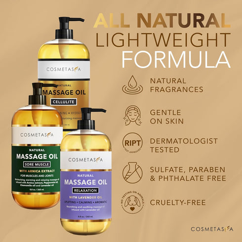 Set Cosmetasa Massage Oil - Arnica & Peppermint Sore Muscle Relief, Cellulite & Lavender Body Massage Oils - Gua Sha