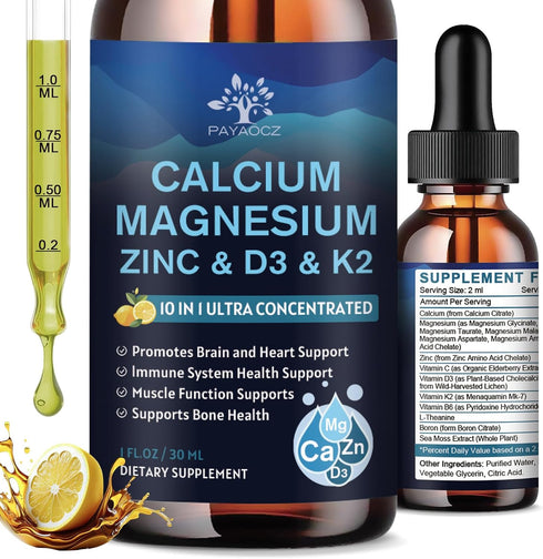 (2 Pack) 10 in 1 Calcium Magnesium Zinc D3 K2 Supplement Liquid Drops 1 Fl Oz for Bone & Immune Support