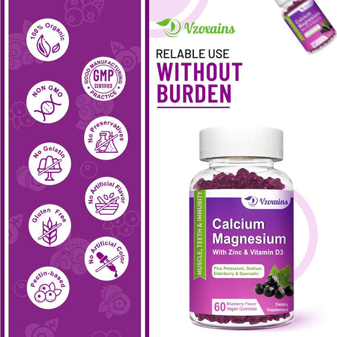 High Absorption Calcium Magnesium Zinc Gummies, 120 Cts, Sugar Free with Potassium & Vitamin D3 for Bone Strength