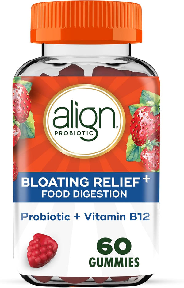 Align Probiotic, Bloating Relief + Food Digestion, Probiotics for Women and Men, 60 Gummies with Vitamin B12