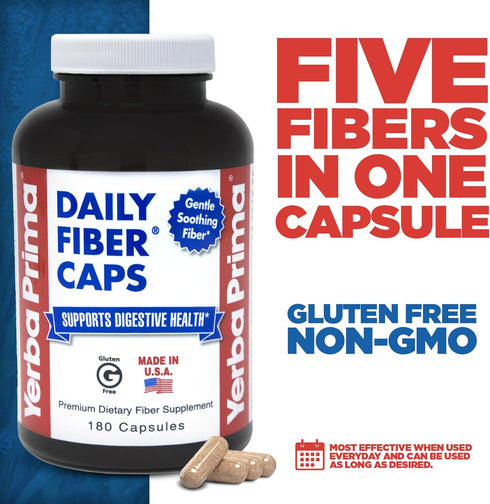 Yerba Prima Daily Fiber Caps, 180 Capsules, Soluble & Insoluble Dietary Fiber Supplement for Gut Health