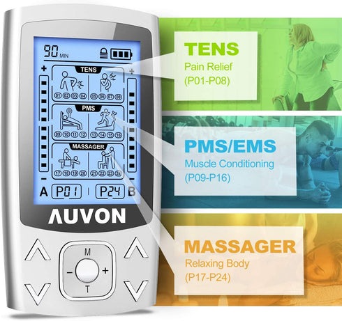 AUVON Dual Channel TENS EMS Unit - 24 Modes Muscle Stimulator for Pain Relief, Rechargeable with 12 Pads