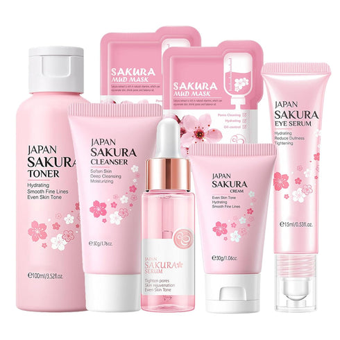 Skin Care Set Sakura for Women, Korean Beauty Gift Kit with Cleanser, Serum, Cream, Toner, Eye Cream, and Masks.