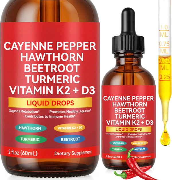 Vceeoy Cayenne Pepper Drops, Cayenne Pepper Supplement Liquid with Hawthorn,Beetroot,Turmeric Curcuma Longa Root(30:1),Vitamin