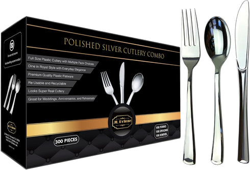 300 Piece Silver Plastic Silverware Set - Reusable & Recyclable - Silver Plastic Utensils for Weddings, Anniversaries,