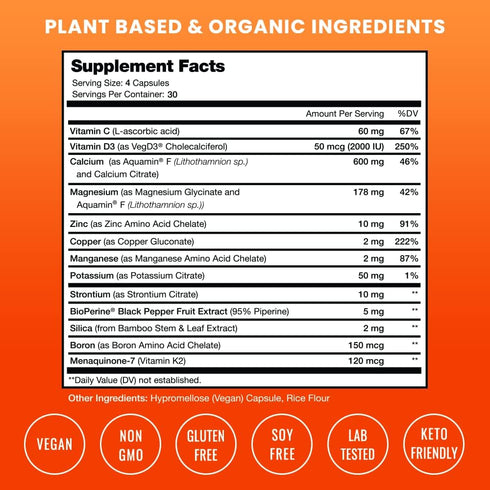 Calcium Supplement for Bone Strength, Plant Calcium Citrate + Vitamin D3, K2, Magnesium, Zinc, Potassium, Boron &