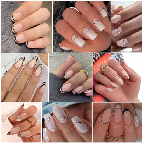 Line Nail Art Stickers, 3D Curved Lines Decals, Gold Silver Black Adhesive Tapes for French Nail Design, 8 Sheets