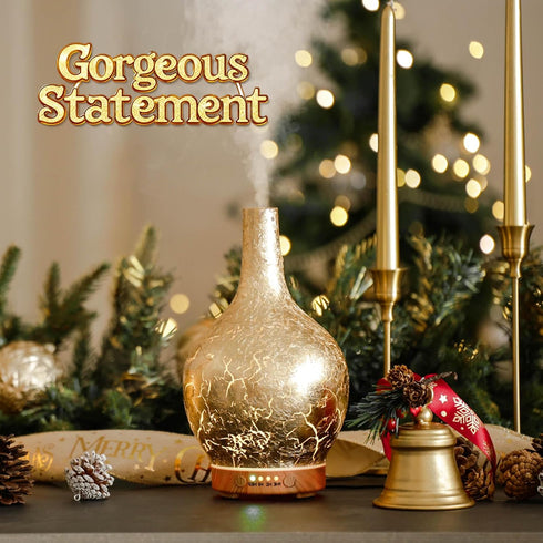 Setting, 150ml Porseme Gold Plated Essential Oil Diffuser Glass Aromatherapy Ultrasonic Humidifier, Auto Shut-Off,Timer