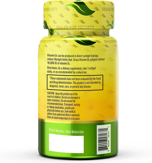 ORZAX Vitamin D3 10000 iu (250 mcg) - 1 Year Supply for Strong Muscle Function & Immune Support - Mood Supplement for Wellness (120 Softgel)