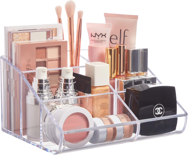 STORi Clear Plastic Vanity Makeup Organizer with 6 Compartments for Brushes, Eyeshadow Palettes, Beauty Supplies