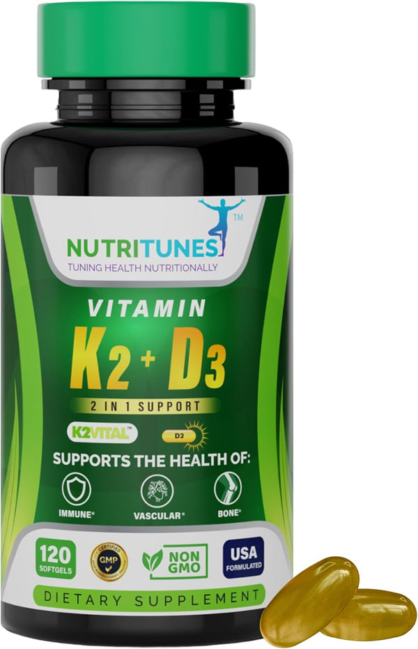 Vitamin K2 + D3 Supplement, 120 Softgels for Cardiovascular & Bone Health, Non-GMO & Allergen-Free