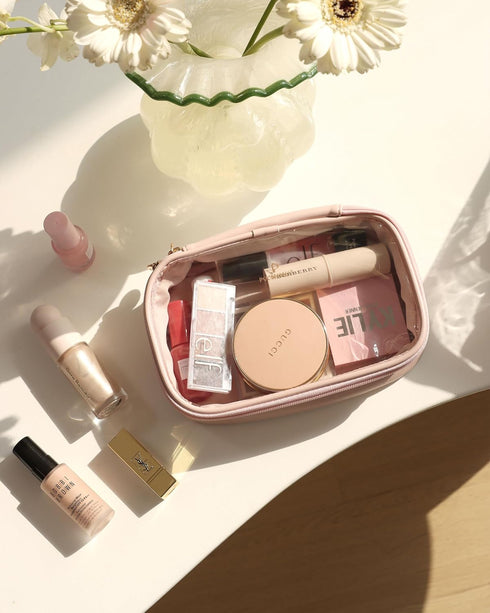 Pocmimut PU Leather Clear Makeup Bag, Travel Essentials Cosmetic Organizer for Women (Beige)