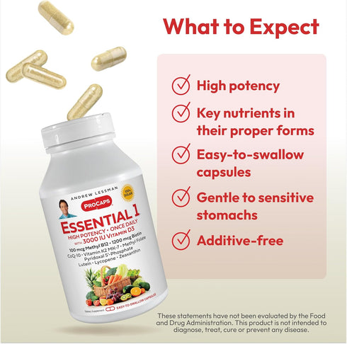 ANDREW LESSMAN Essential-1 Multivitamin 3000 IU Vitamin D3 30 Small Capsules - High Potency, No Additives