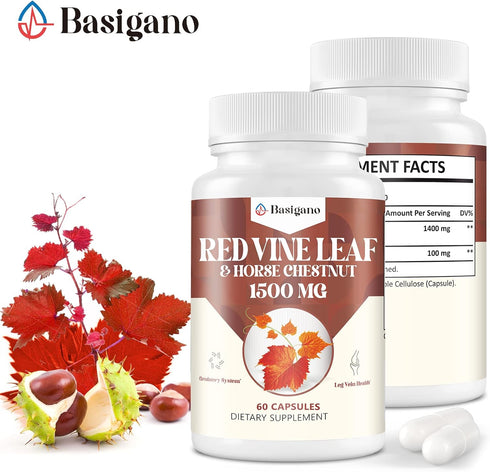 Red Vine Leaf & Horse Chestnut Extract Capsule Supplements - 1500mg Premium Extract for Healthy Veins & Circulation