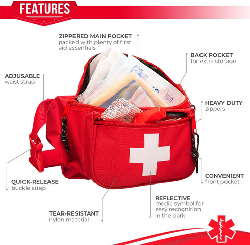 NOVAMEDIC Pack 75 8"x2"x6", 3 First Aid Fanny Stocked with Piece Emergency Essentials, Waist Bag w/ Zippered