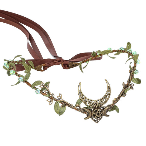 MOSTORY Handmade Moon Elf Crown - Elven Circlet Woodland Headpiece, Fairy Goddess Tiara for Halloween Cosplay