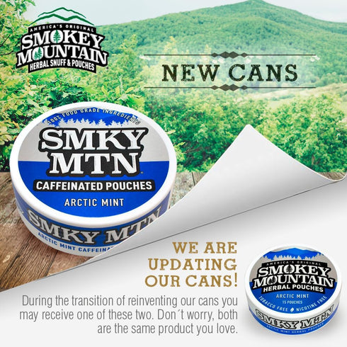 Smokey Mountain Caffeinated Pouches - Arctic Mint, Tobacco Free and Nicotine Free, 5 Can Box with 15 Pouches Per Can