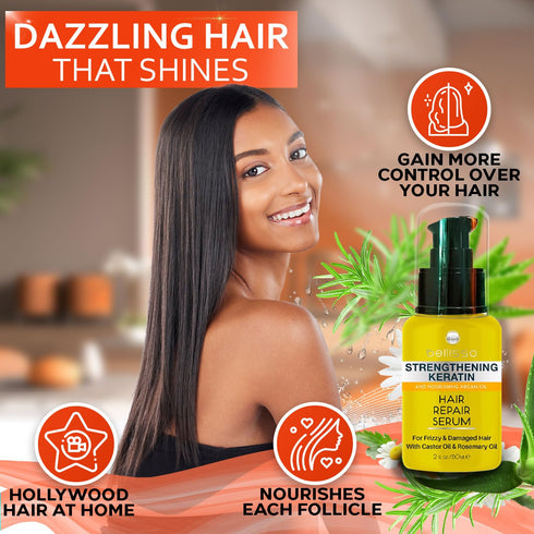 Keratin Hair Serum - Heat Protection Treatment and Anti Frizz Control for Frizzy and Damaged Split Ends, Advanced Care
