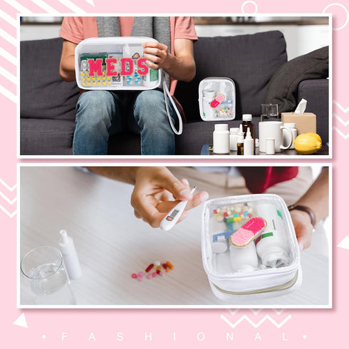 Hillban 2 Pcs Medicine Bag, Chenille Letter Preppy Clear Makeup Meds Travel Bag, PVC Transparent Cosmetic Pouch Set