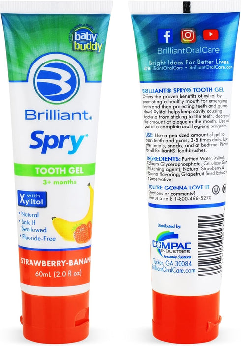 Brilliant Oral Care Kids Fluoride Free Toothpaste, Spry Gel with Xylitol, Strawberry Banana Flavor, 2 fl oz, Ages 3+