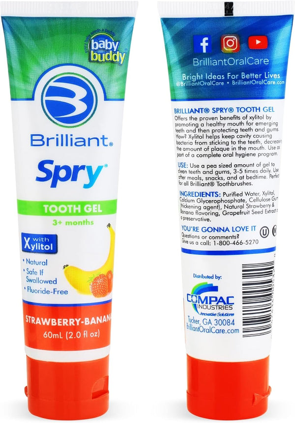 Brilliant Oral Care Kids Fluoride Free Toothpaste, Spry Gel with Xylitol, Strawberry Banana Flavor, 2 fl oz, Ages 3+