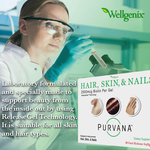 Wellgenix Purvana Hair, Skin, and Nails Vitamin - Double Strength 2500mcg Biotin Softgels for High Absorption (30