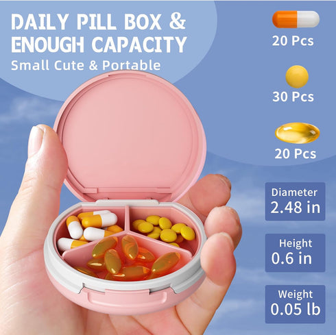 Serfeymi 3 Compartment Waterproof Cute Small Pill Box, Travel Portable Multifunctional Case Holder for Vitamins, Fish