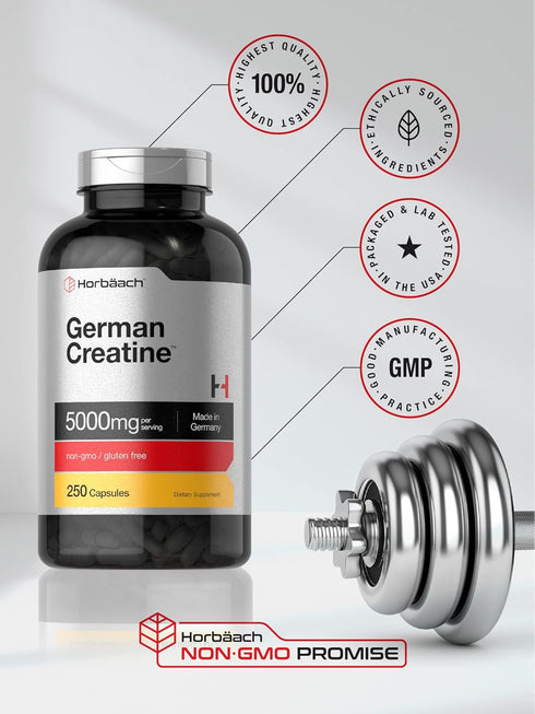 Horbaeach German Creatine Monohydrate 5000mg, 250 Capsules, Non-GMO, Gluten Free Supplement
