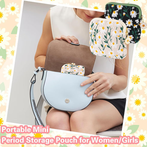 TIESOME 2 Daisies Sanitary Napkin Storage Bag, Pcs Embroidery Menstrual Cup Pouch Cotton Soft Period Holder Bag