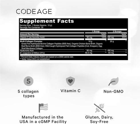 Codeage Multi Collagen Peptides + Probiotics Black Edition, Vitamin C, Hyaluronic Acid Powder Supplement, 10.58oz